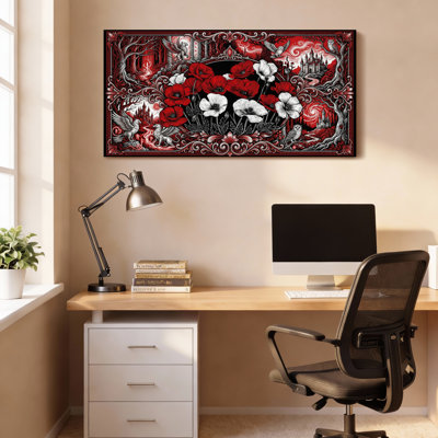 Ensemble d'une toile tendue représentant un motif floral gothique de coquelicots rouges et blancs