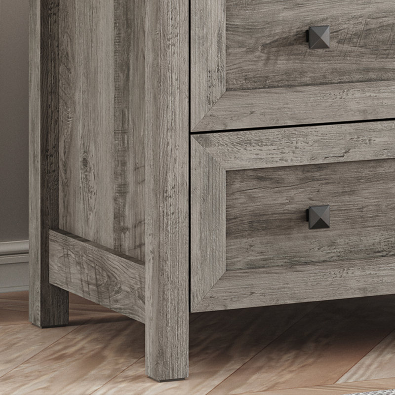 Commode double à 6 tiroirs Jaretssi l 42,7 pi, commode avec poignée carrée en métal, Chêne gris / noir