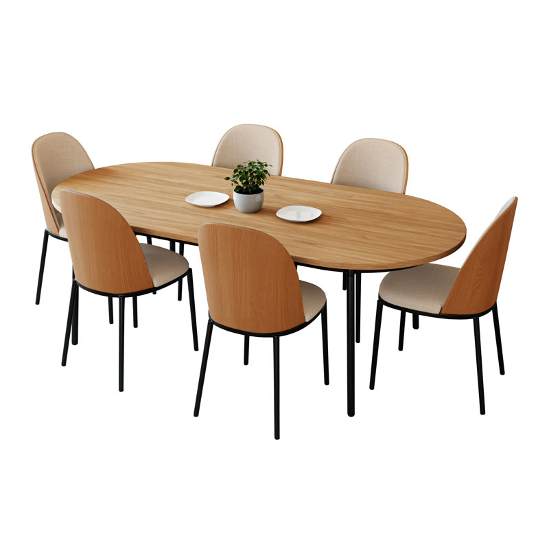 Kelce 6 Person 71" Oval Dining Table Set with Modern Upholstered Chairs, Natural Wood, Natural Wood/Brown