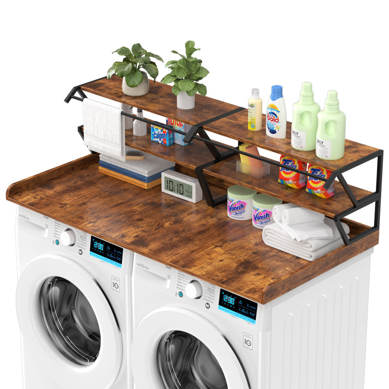 Washer Dryer Countertop with Wall Shelves Set - Durable, Waterproof, and Functional Design with Hanging Rod, Walnut