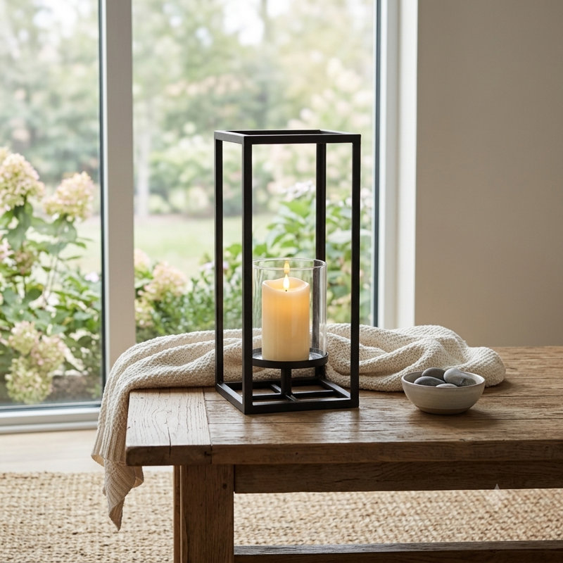 Pembertale Tall Square Gold Metal Lantern, 13" H x 5.5" W x 5.5" D, Black