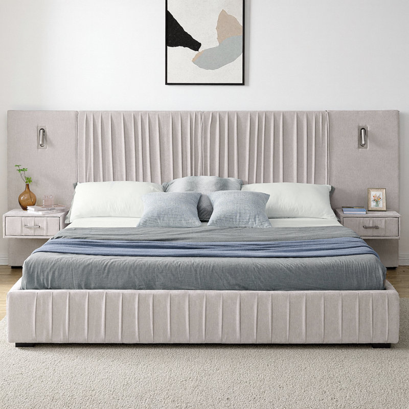 Queen Size Upholstered Platform Bed with Headboard & Built-in Nightstand, Chenille Fabric Bed Frame with Adjustable Bedside Lamps and Storage, No Box Spring Needed