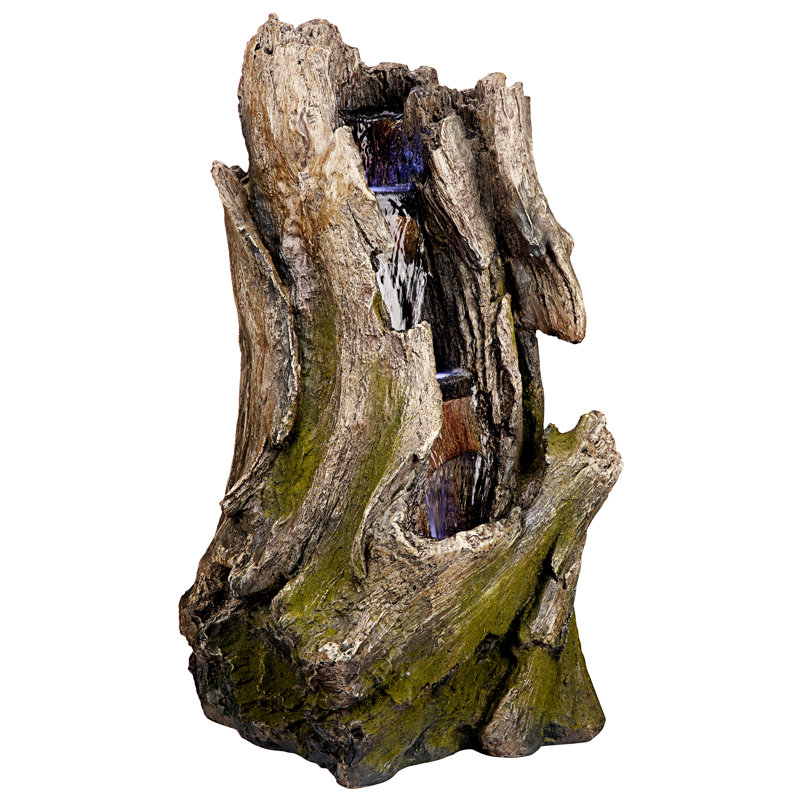 Natural Tree Trunk Resin Cascading Creek Garden Fountain with LED Light