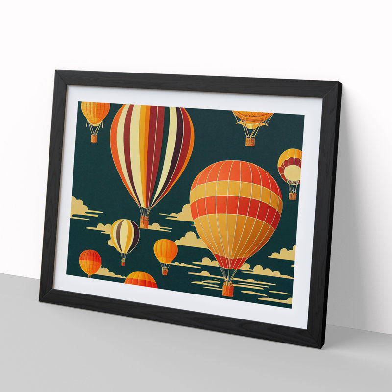 Art Deco Hot Air Balloons Vol.1 - Single Picture Frame Print, Black, 34cm H x 46cm W