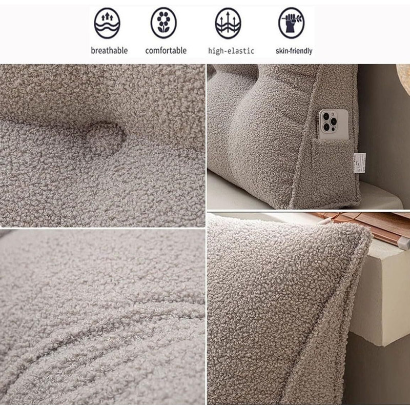 Teddy Velvet Ergonomic Triangular Bed Rest Pillow – Cozy Supportive Backrest Cushion with Pocket, Beige, 19.69"H x 59.06"W