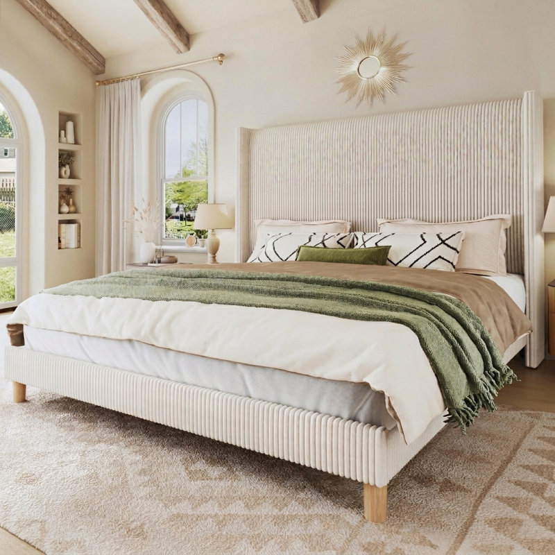 Upholstered Bed Frame With Tall Headboard, Queen, White