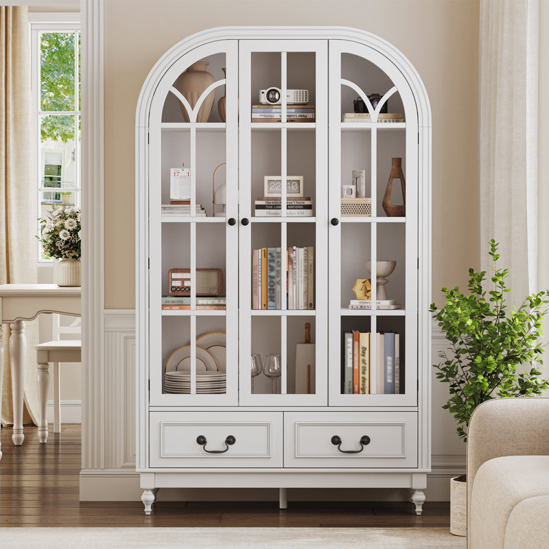 66.9" Tall Arched Cabinet With Glass Doors, White Display Cabinet For Living Room, Kitchen, Dining Room, White