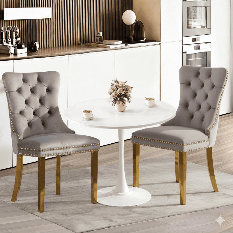 Round Dining Table Sets with 2 chairs, White, Gray/Gold