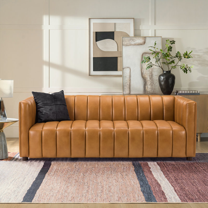 Claudio 83'' Genuine Leather Channel Tufted Sofa, Camel Genuine Leather