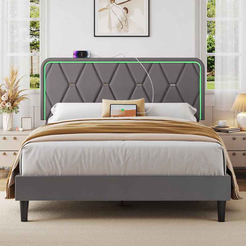 Calil Queen Size LED Bed Frame with Adjustable Button-Tufted Headboard, Upholstered Velvet Platform Bed Frame with Charging Station, Mattress Foundation, Wood Slat Support, No Box Spring Needed