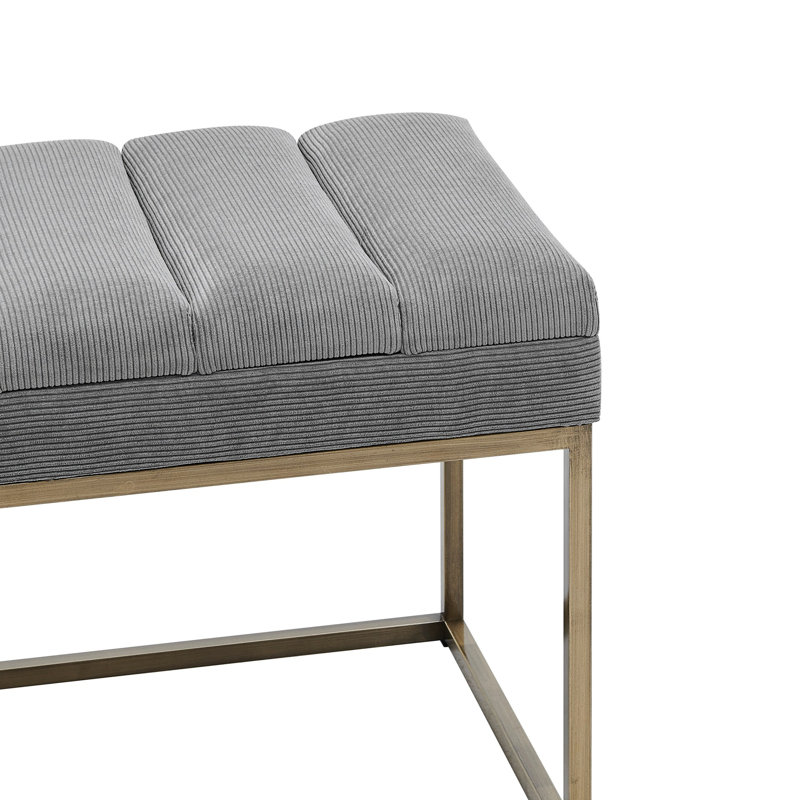 Light Gray Polyester Upholstered Bench with Brushed Gold Steel Base