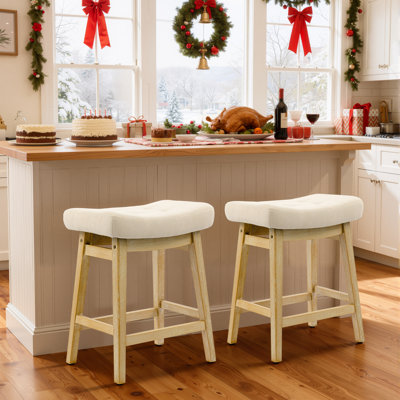24" Solid Wood Beige Saddle Bar Stools Ideal for Kitchen Island and Counter