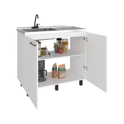 Évier utilitaire blanc avec robinet à option de remplacement, base autoportante et lavabo profond en acier inoxydable pour le garage de la cuisine