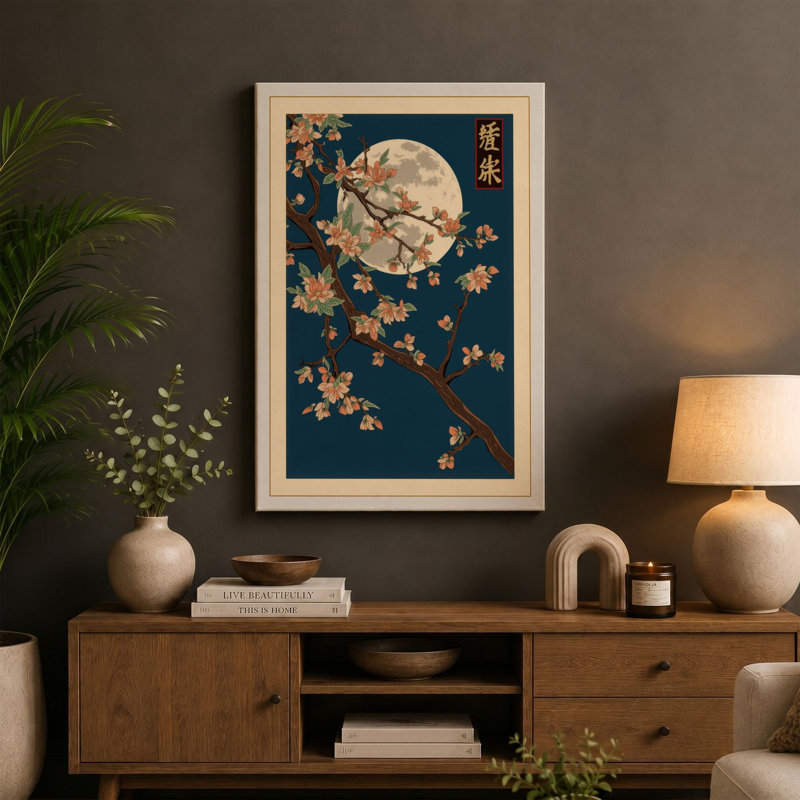 Moonlit Cherry Blossom Japandi - Wrapped Canvas, 24x16 - 61.0 x 40.6 cm, Black Border