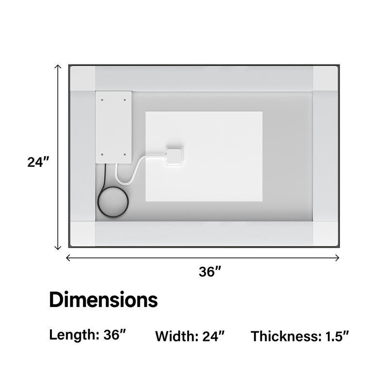 Miroir de salle de bain en verre trempé sans cadre avec deux lumières à DEL à l'avant et à l'arrière,, 36 po x 24 po, Noir
