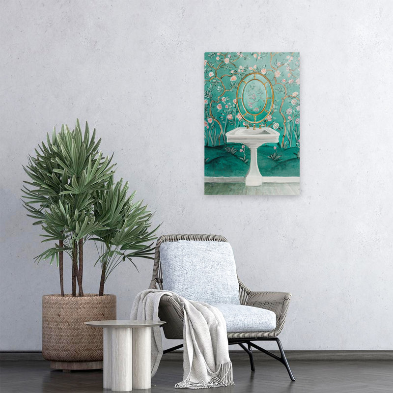 «Chinoiserie Bath I» contemporain bleu floral or bain chinoiserie, H 24 po x l 16 po