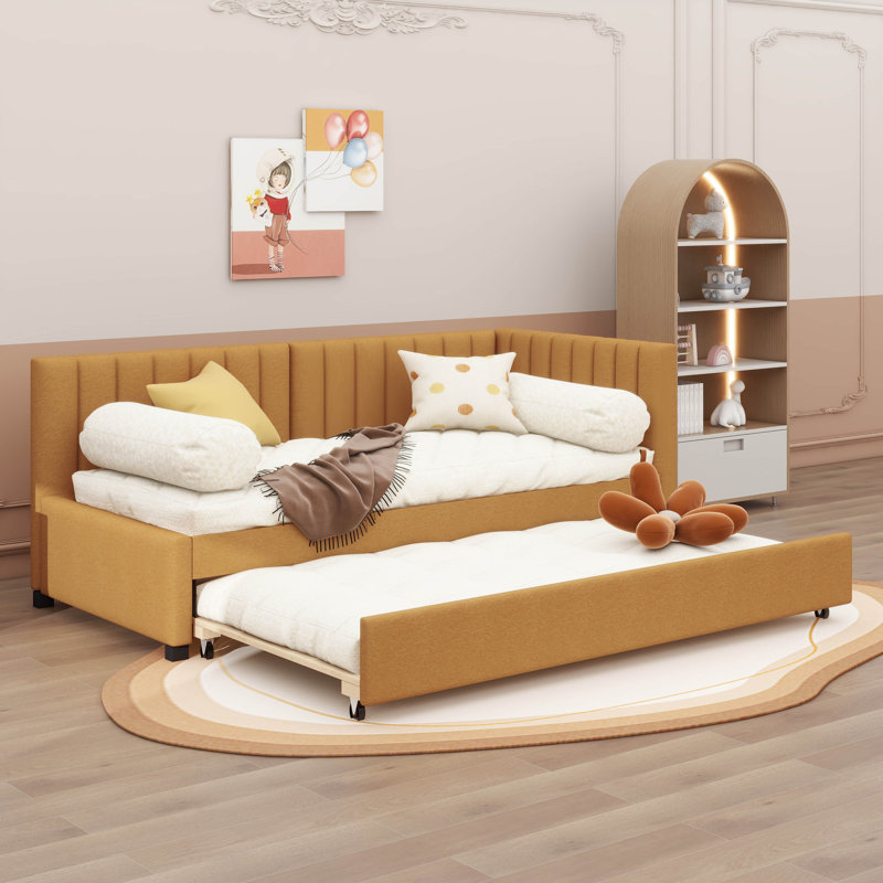 Upholstered Daybed with Trundle Sofa Bed Frame, Yellow, Twin