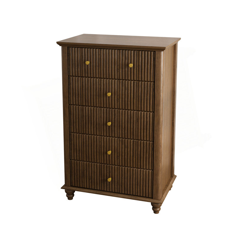 Fluted 5 Drawer Dresser, 45 Inch Tall Modern Chest Of Drawers, Bedroom Dresser With Metal Handle, Wooden Drawer Organizer For Bedroom, Living Room, Hallway, Entryway