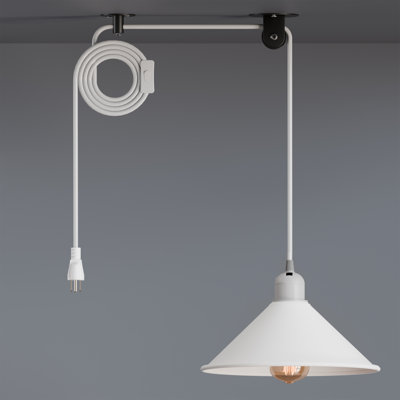 White 8.26" (21CM) Plug In Pendant Light, 13.12ft (4M) Farmhouse Cone Hanging Lamp with On/Off Switch, Metal Shade Swag Light with Ceiling Hooks for Kitchen, Dining or Café