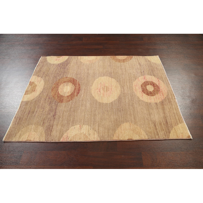 Tapis brun en laine noué à la main de conception unique 4 pi 5 po x 5 pi 6 po New Age