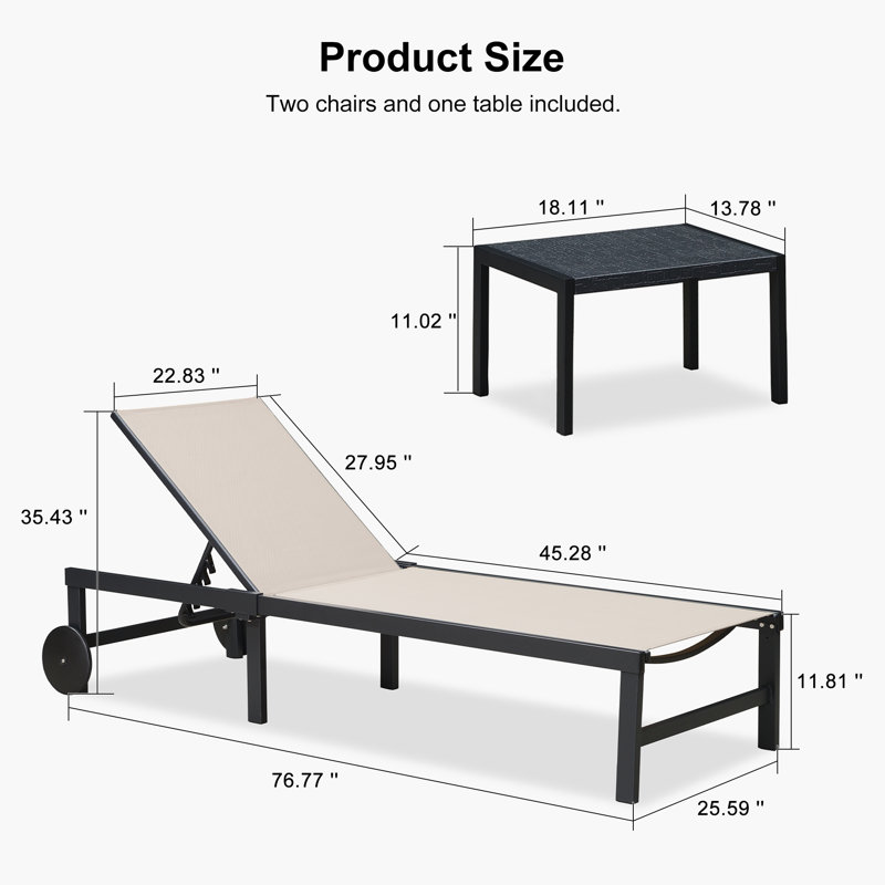 Reivo Outdoor Rust-Resistant Metal Chaise Lounge with Table, Beige