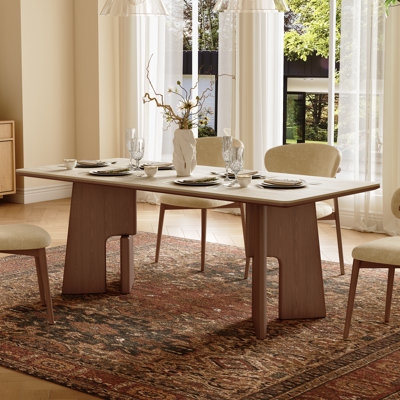 71" Dining Table With Unique Travertine Slab Top and Solid Ash Wood Legs