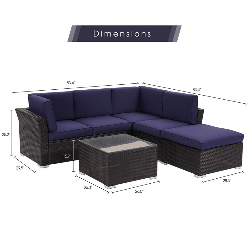 Premium All-Weather Wicker 5 - Person Modular Patio Conversation Set with Cushions, Navy