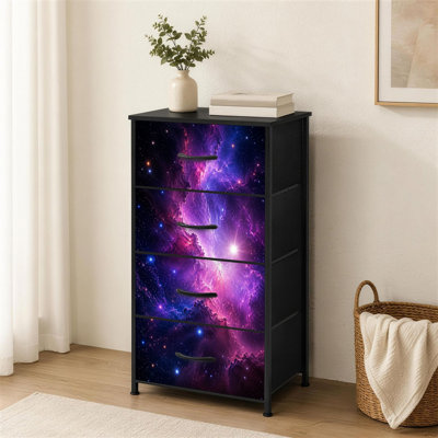 Commode 4 tiroirs pour chambre à coucher Cosmic Nebula Galaxy Scène de l'espace mauve, bleu, brillant, nuages, petite et grande commode à vêtements pour organisateurs de placard avec commode