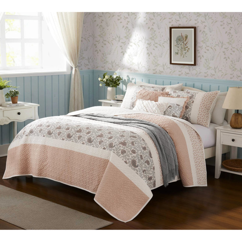 Chambre, courtepointe en coton 6 pièces réversible avec coussins de couleur, Rosé
