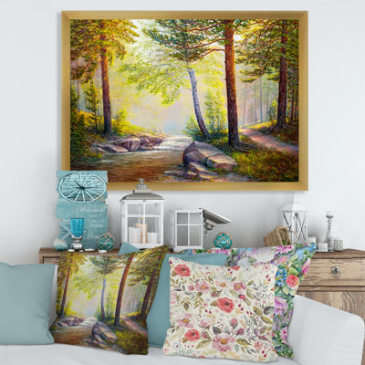 Après-midi, lumière à travers les arbres dans la forêt - peinture sur toile