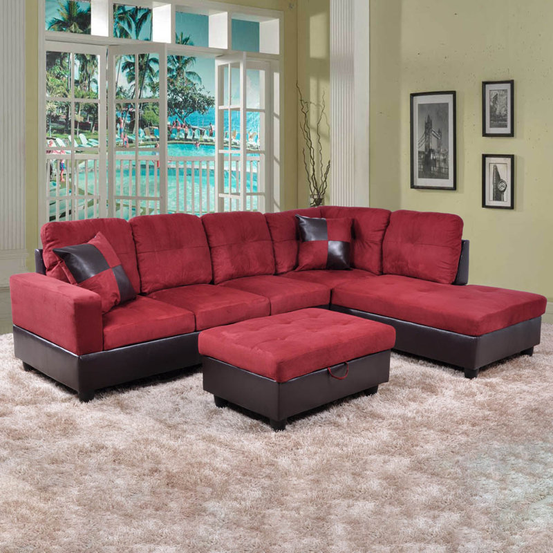 Beeson Red Flannel And PVC 3 - Piece Upholstered Sectional, Right Hand Facing, Right Hand Facing, Red Microfiber/Microsuede