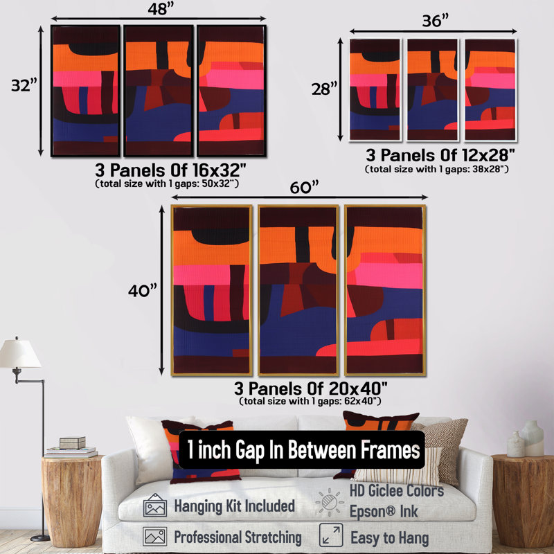 Midnight Melody Retro 70S Mauve orange II - ensemble d'art mural abstrait, Cadre flottant noir, H 40 po x l 60 po x P 1 po
