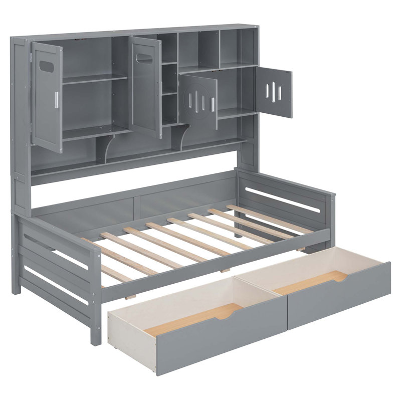Wooden Daybed With Drawers,And All-In-One Cabinet And Shelf, Gray, Twin
