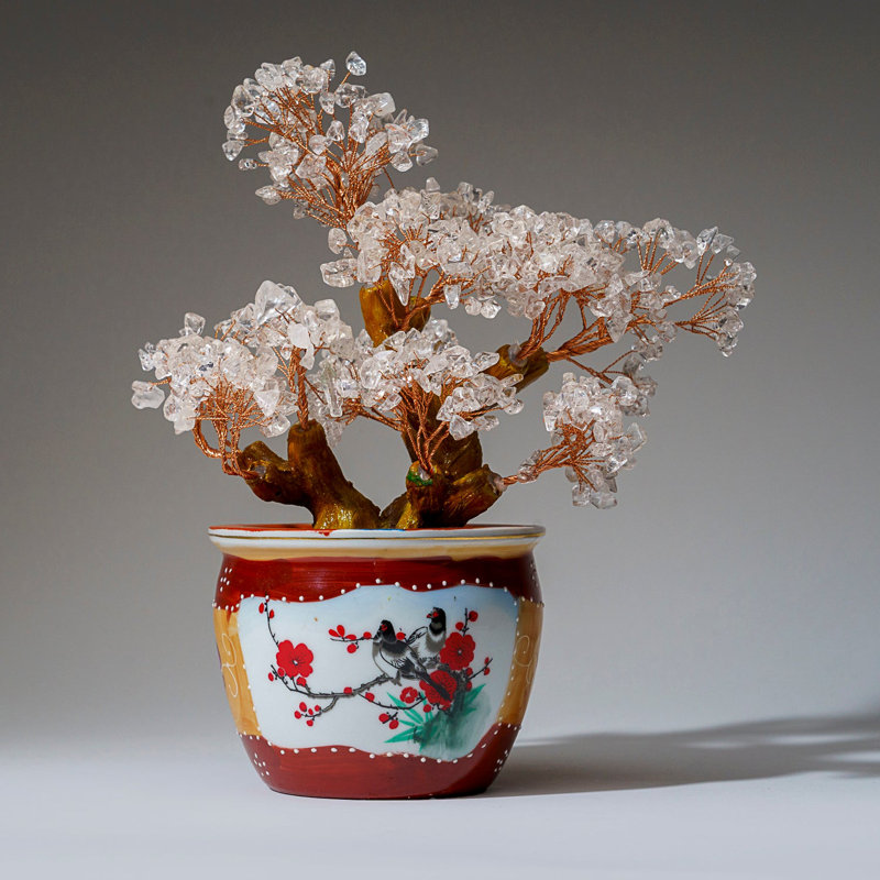 Genuine Clear Quartz Gemstone Bonsai Tree In Round Ceramic Pot (11€ Tall)