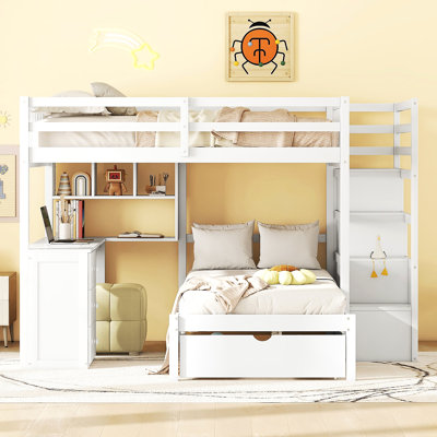 Full Over Twin Bunk Bed with Desk, Drawers and Shelves, White