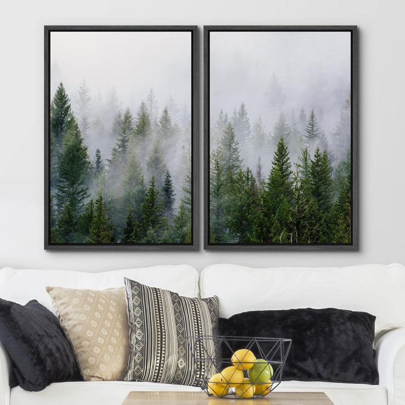 Misty Forest Landscape " Morning Mist Green Pine Tree Forest Nature Landscape Print Decor " 2 - Pieces, Floater Framed Print