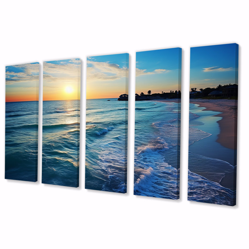 «Tranquil Shores Sunset Beach Horizon V - Coastal Beach», art mural 5 pièces pour le salon, H 28 po x l 60 po
