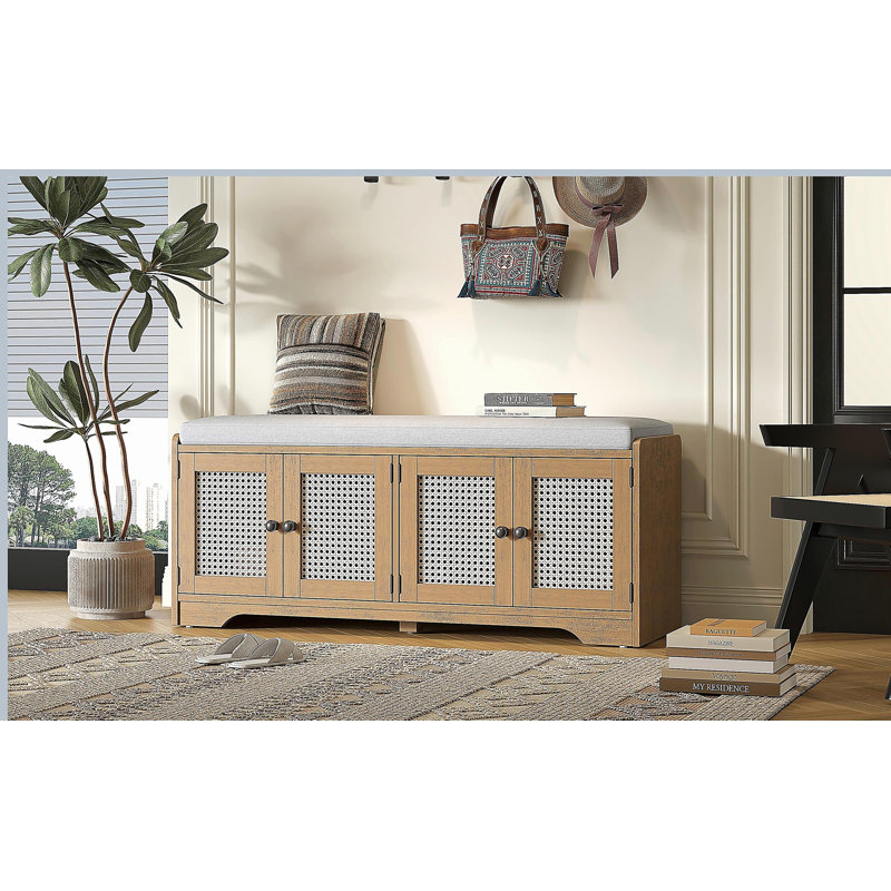 Banc de rangement rustique multifonctionnel pour chaussures avec coussin amovible, Beige/brun