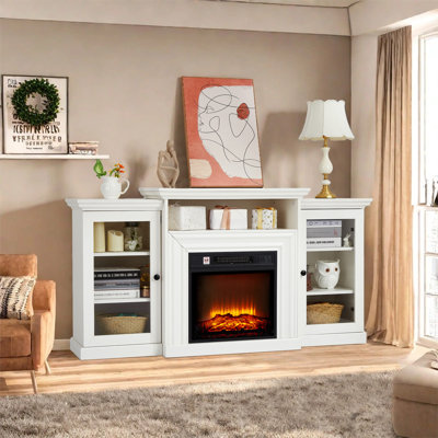 Meuble télé 63,3 po pour téléviseur de 60 po ou moins, console média PB-Board blanche avec foyer électrique encastrable 18 po 1400 W, télécommande, minuterie, armoires de rangement, chauffage d'intérieur 120 V