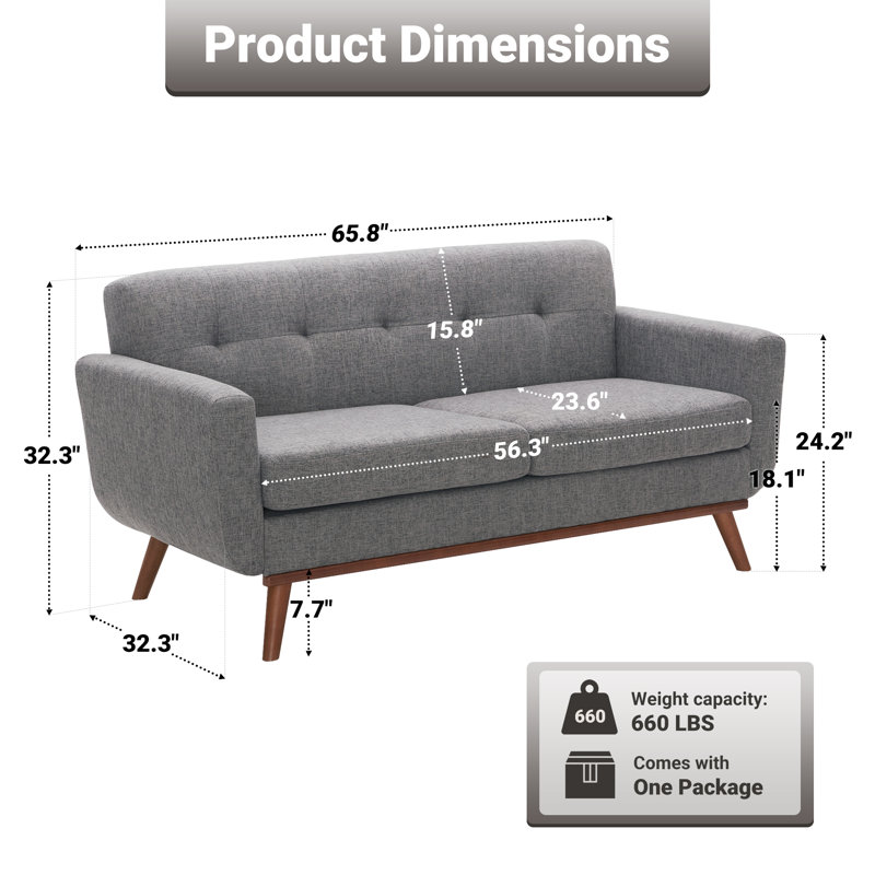 Canapé 65 po Mid-Century, Gris
