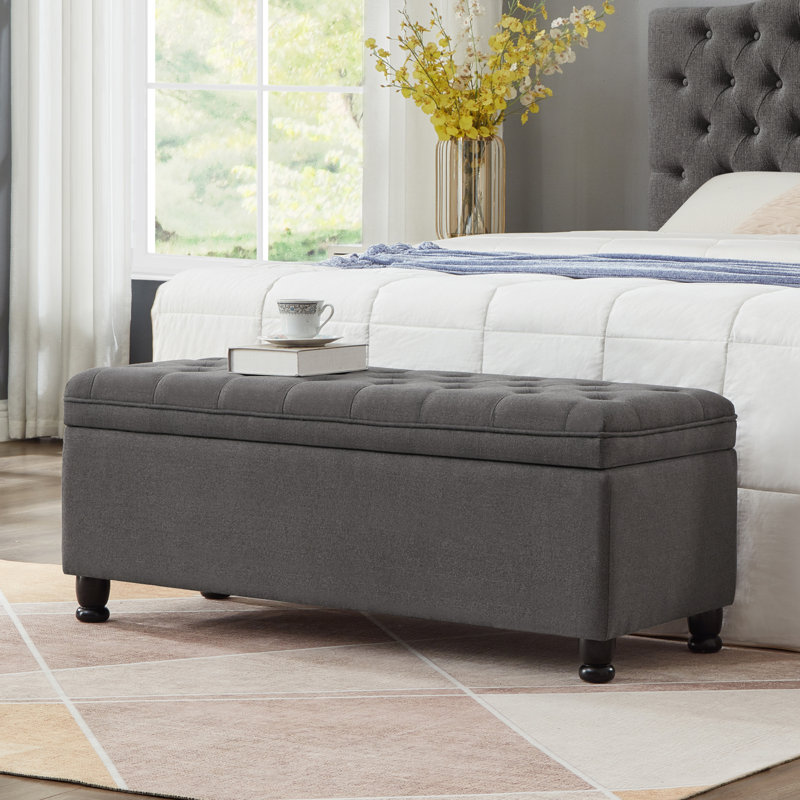 Entryway and Bedroom Upholstered Tufted Storage Bench, Soft Gray Linen 2-Seat Lift Top Storage with Solid Wood Spindle Legs