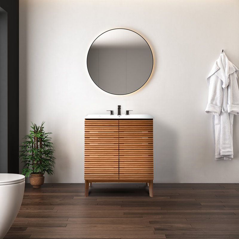 Meuble-lavabo à 2 tablettes à lattes moderne Calandre 30 po Calandre (lavabo non inclus), Noyer