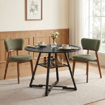 Industrial Round 42in Black Dining Table & 2-piece Green Upholstered Solid Wood Dining Chair, Fixed Kitchen Table With Mesh Storage Shelf And Cross Le