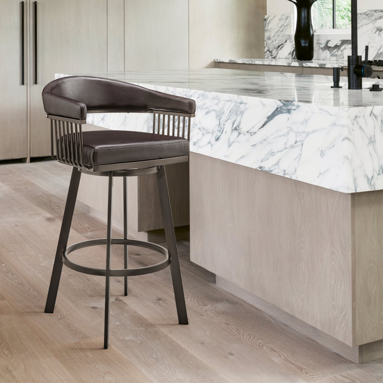 Robinett Swivel Counter or Bar Height Bar Stool with Arms and Footrest in Faux Leather and Metal