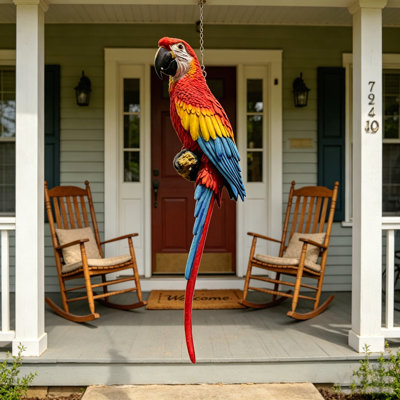 Hanging Scarlet Macaw Parrot Statue, 38'' Lifelike Hand-Painted Resin Bird Figurine Weatherproof Outdoor Tropical Sculpture For Porch, Balcony, Tree & Patio Garden Yard Decor, Cute Animal Ornament Gi