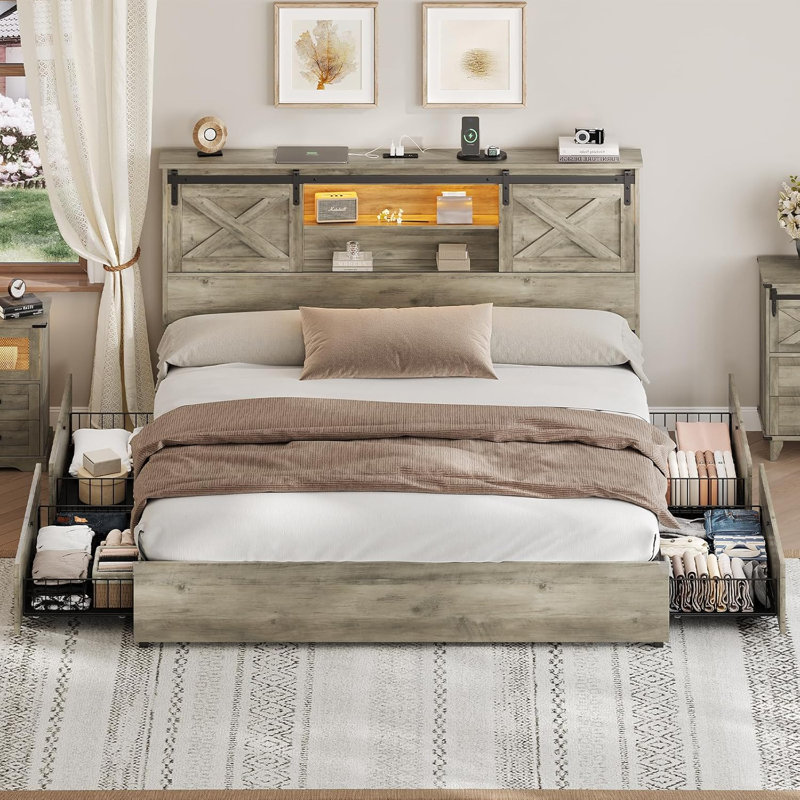 Farmhouse Bed Frame With Led Lights And 4 Storage Drawers, Wooden Platform Beds With Charging Station,rustic Bedroom Set With Storage Headboard And Sliding Barn Door