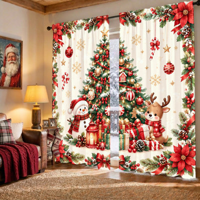 Rideaux de Noël (lot de 2) à motifs sapin, bonhomme de neige et renne, en tissu occultant, préservant votre intimité, avec œillets pour tringle, lavables à la machine, parfaits pour le salon, la chambre, le balcon, la cuisine et la décoration intérieure. Un incontournable pour les fêtes !