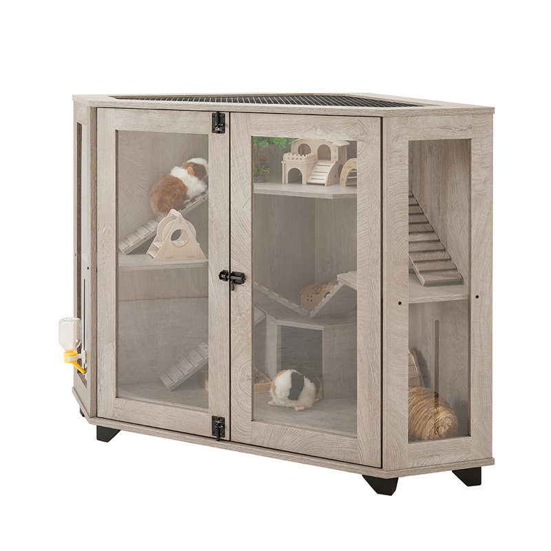 Corner Small Animal Cage with Ramp and Hide House, 86.8cm H x 116cm W x 68.8cm D