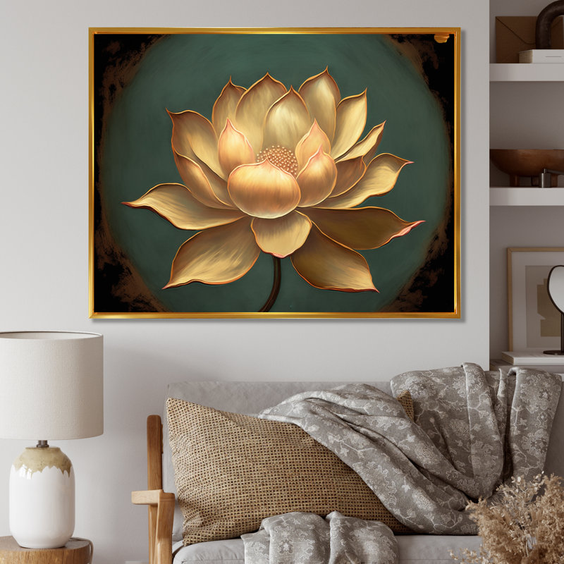 «Blossoming White Vintage Lotus», art mural Lotus, Cadre flottant doré, H 12 po x l 20 po x P 1 po
