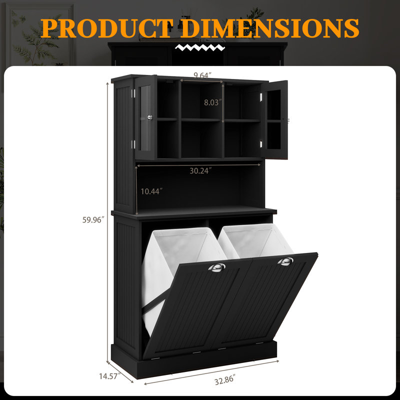 Armoire de salle de bain 59,6 po de hauteur avec paniers à linge inclinables doubles et tablettes réglables, Noir satiné